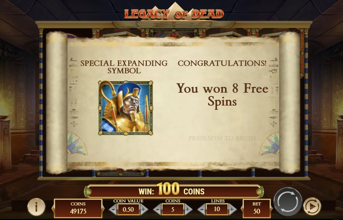 Legacy of Dead میں Pharaoh special expanding symbol کے ساتھ 8 free spins triggered