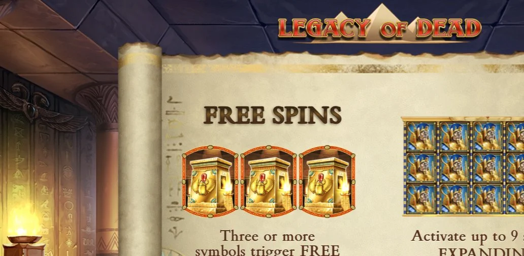 Legacy of Dead میں 3 scatter symbols سے free spins trigger ہونے کی وضاحت